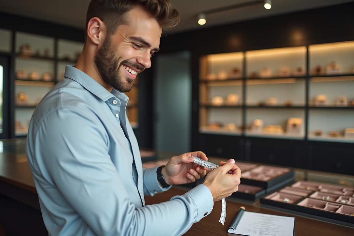 Jeune homme mesurant son doigt avec un ruban