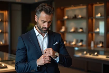 Homme en costume navy examine une montre classique