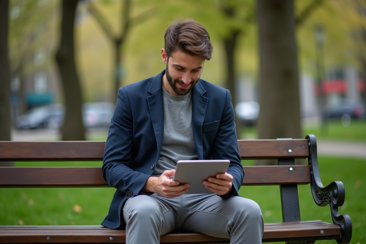 Jeune homme en ville consultant sa tablette sur un banc