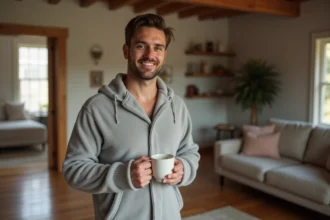 Homme souriant en pyjama grenouillère gris doux dans un salon confortable tenant une tasse de café