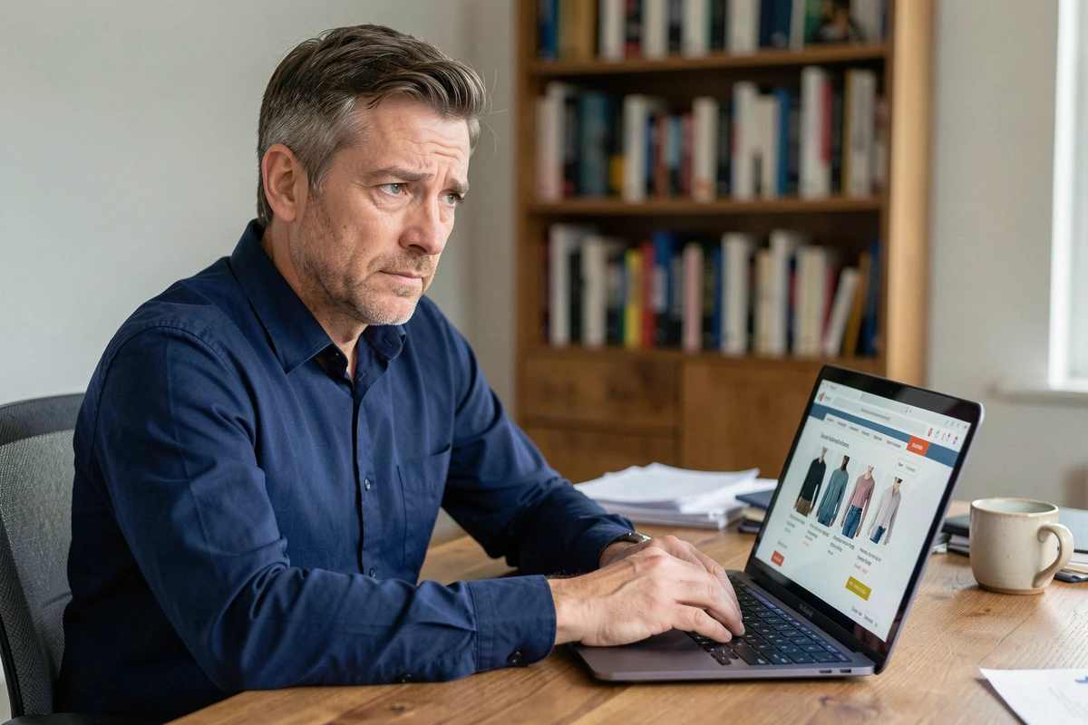 Homme cherchant des informations sur la marque Sonstiges sur un site de vente de vêtements en ligne