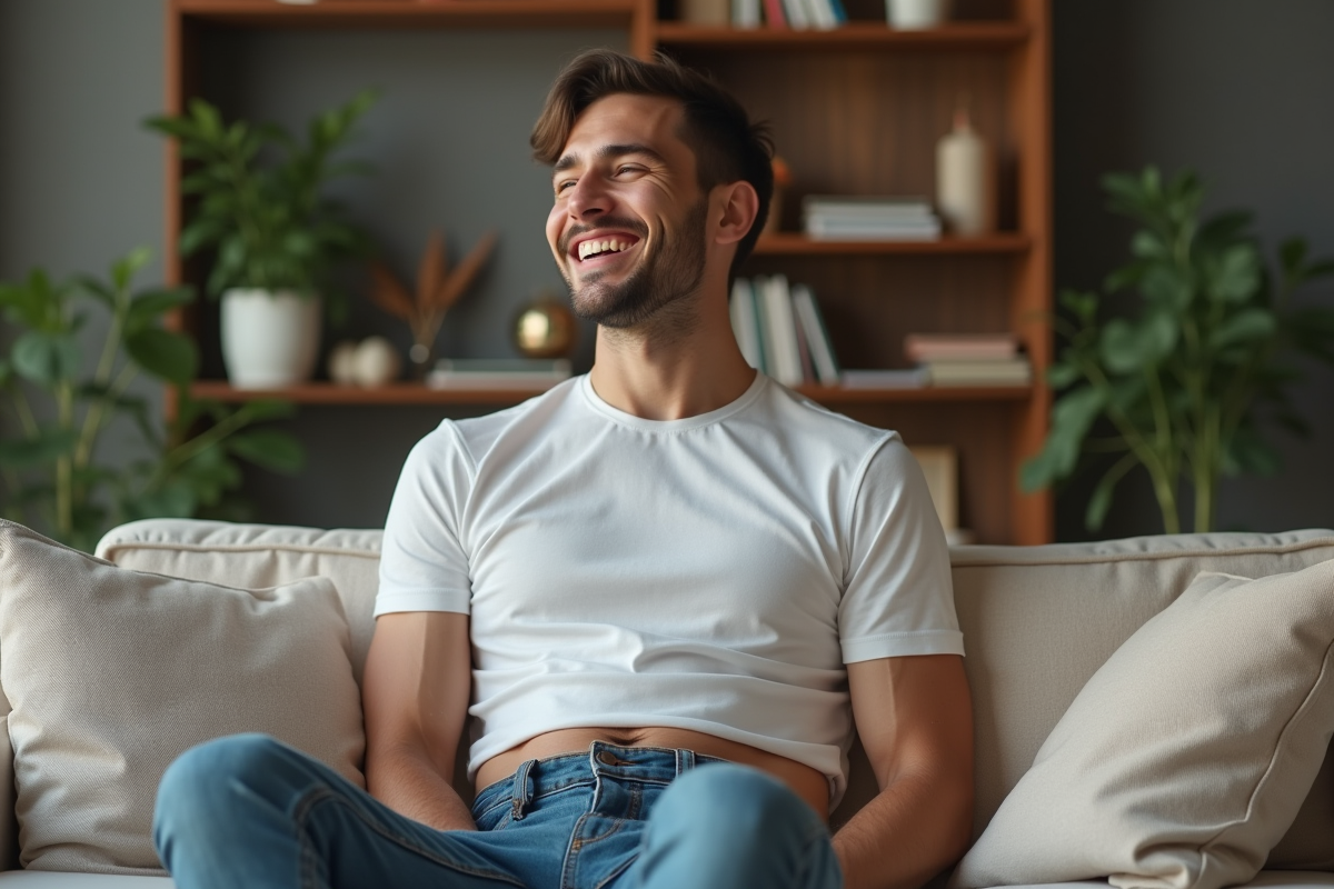 Jeune homme riant en crop top blanc dans un salon cosy