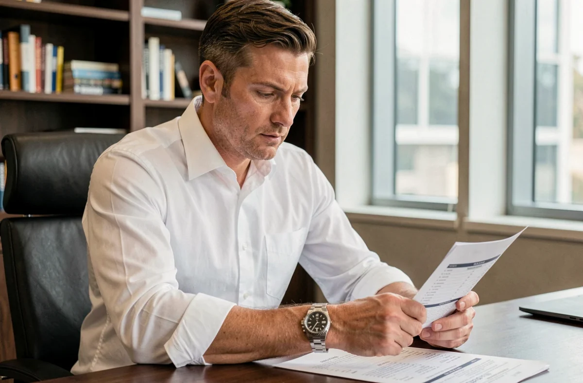 Homme en chemise blanche regardant une liste de prix avec une Rolex Datejust 36 visible au poignet dans un bureau moderne