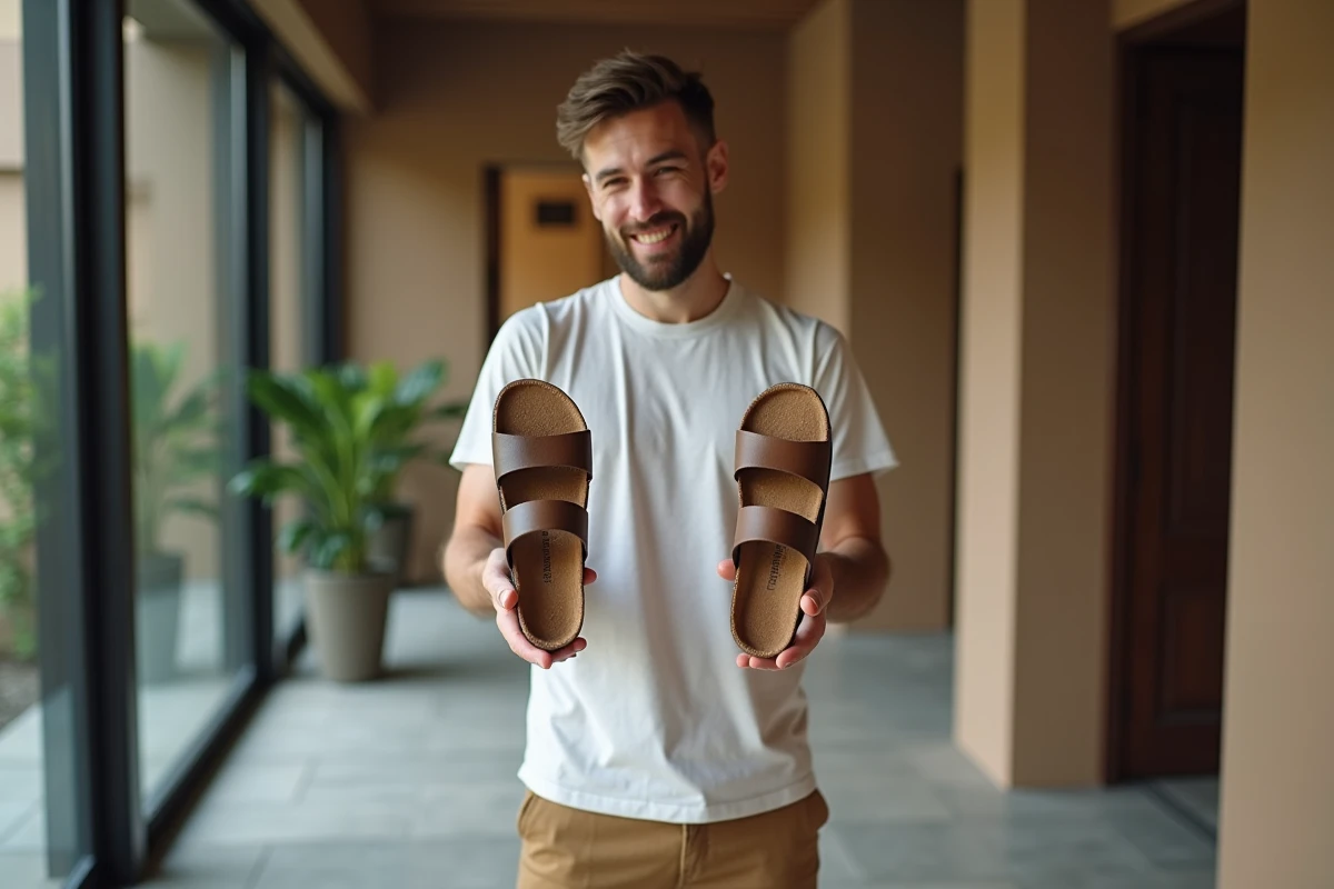 Homme examine des sandales dans un couloir moderne intérieur