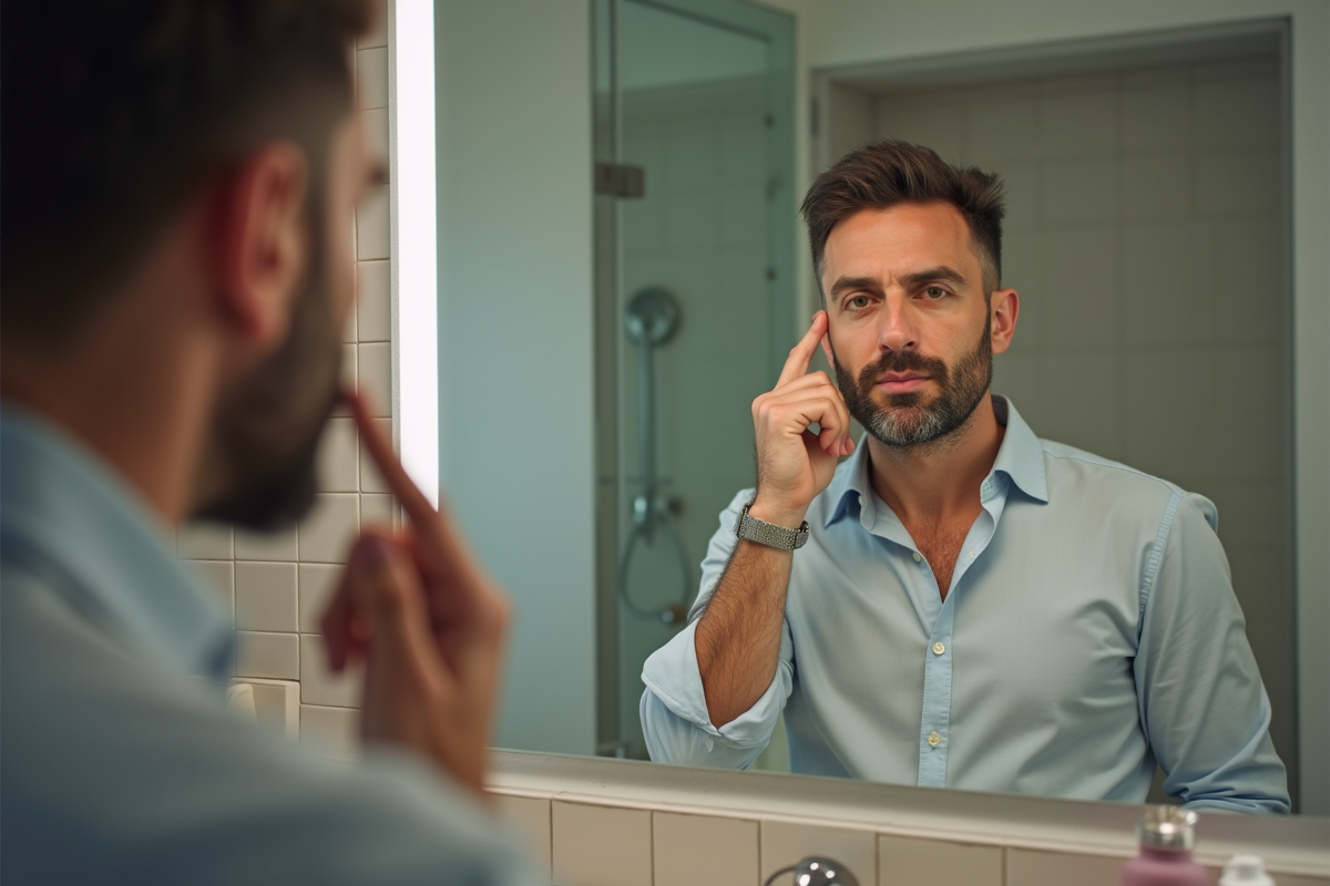 Homme se touchant le visage devant un miroir de salle de bain