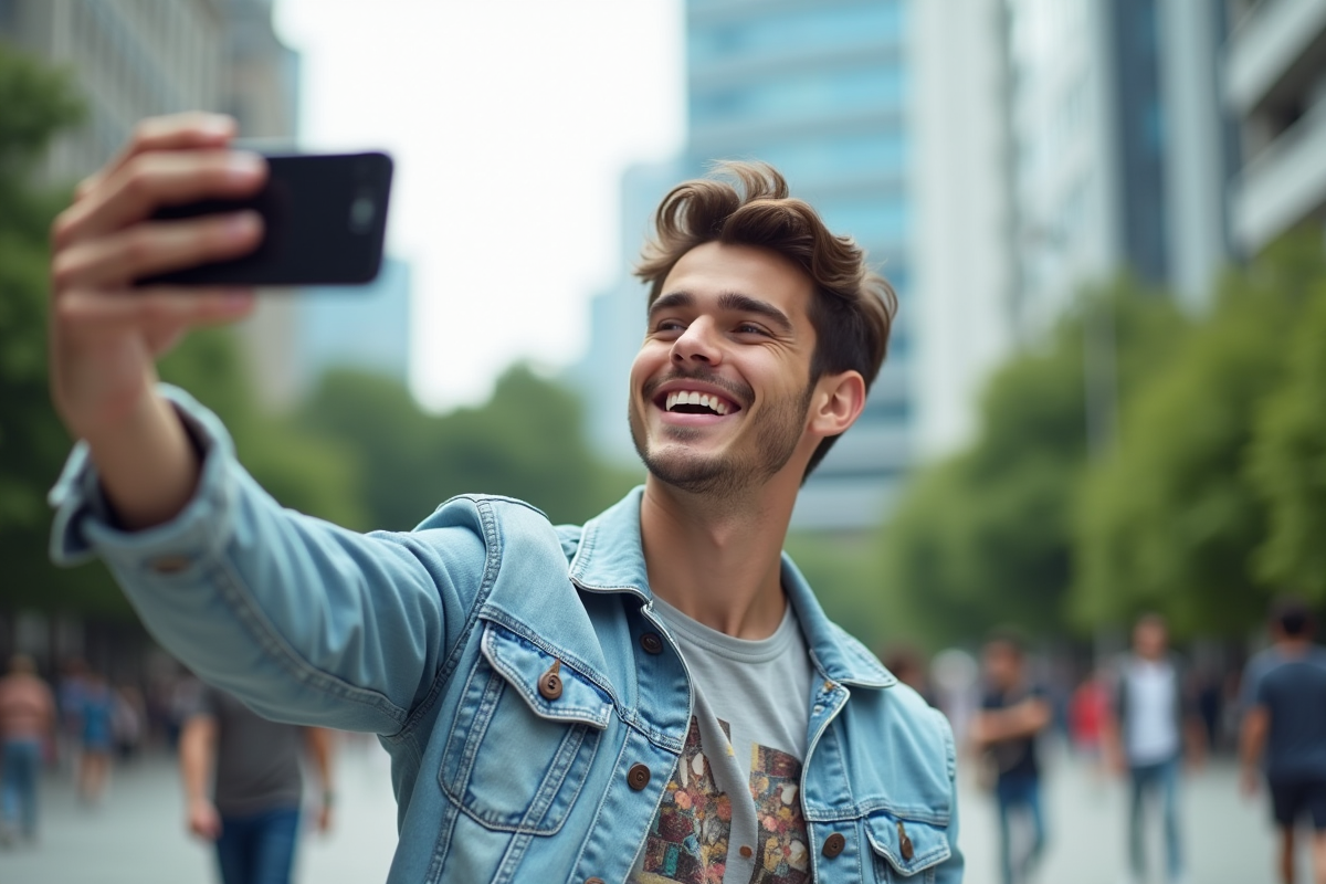 Jeune homme prenant un selfie vidéo dans un parc urbain