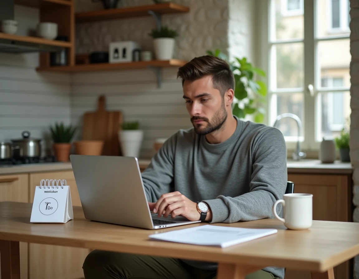 Homme consultant les offres de soldes en ligne sur son ordinateur portable dans une cuisine d'appartement parisien