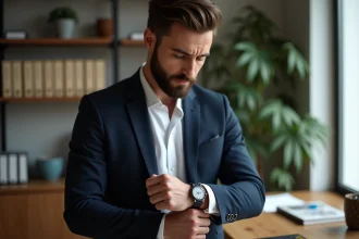 Homme élégant examinant une montre dans un bureau moderne