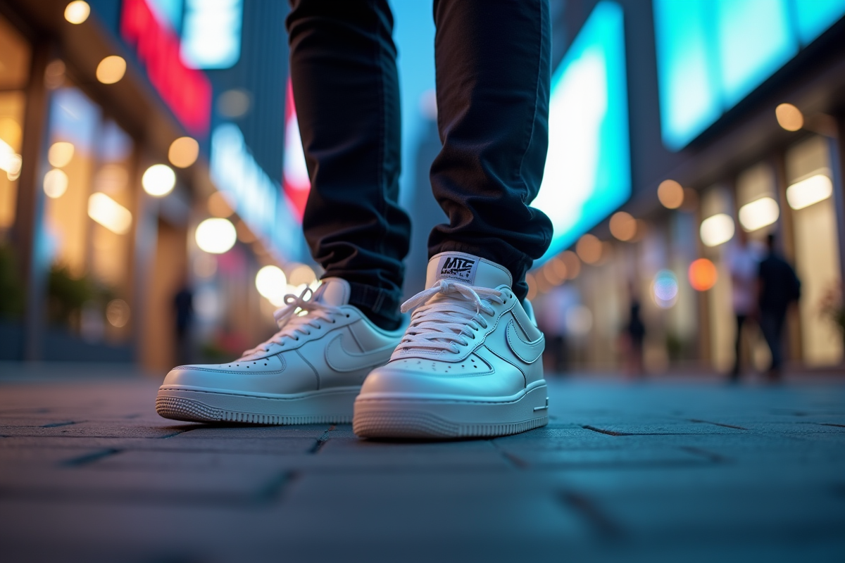Homme portant Air Force 1 marche en ville lumineuse