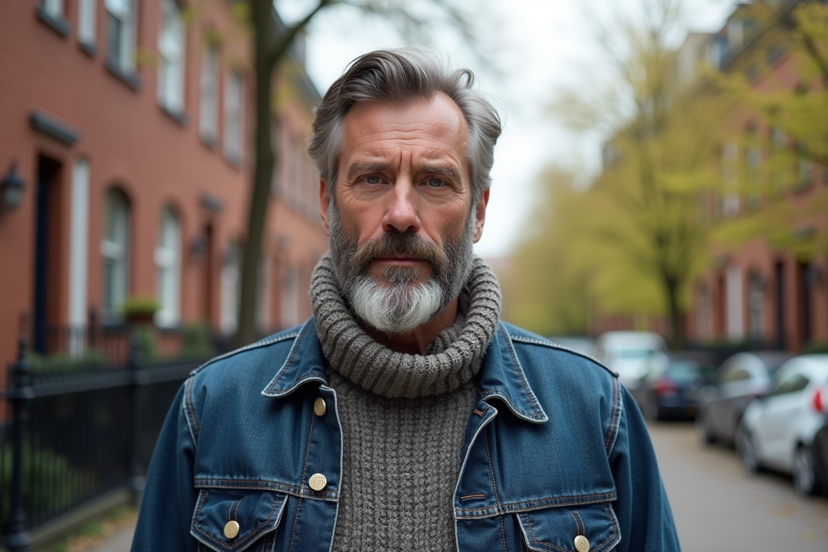 Homme avec barbe en ville avec vêtements décontractés