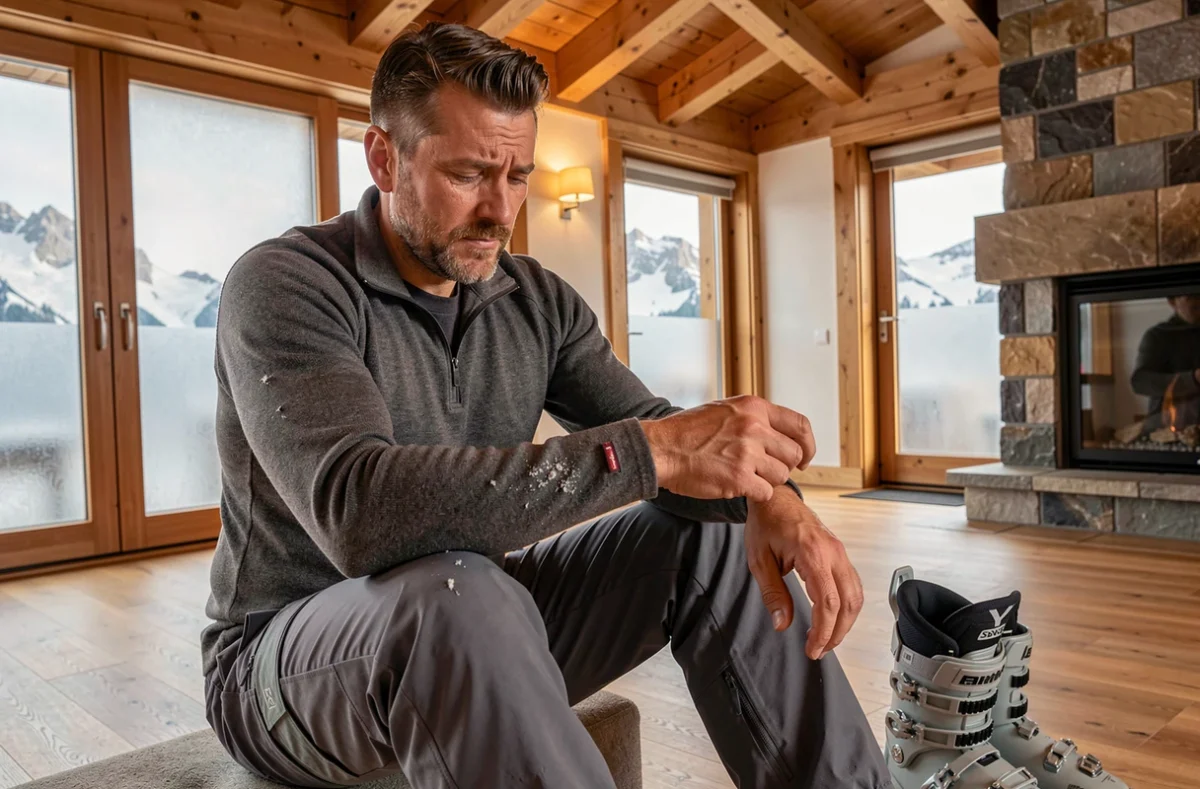 Homme en sous-vêtement technique de ski dans un chalet alpin examinant une marque d'inconfort laissée par une manchette trop serrée, erreur courante dans les vêtements de ski premium