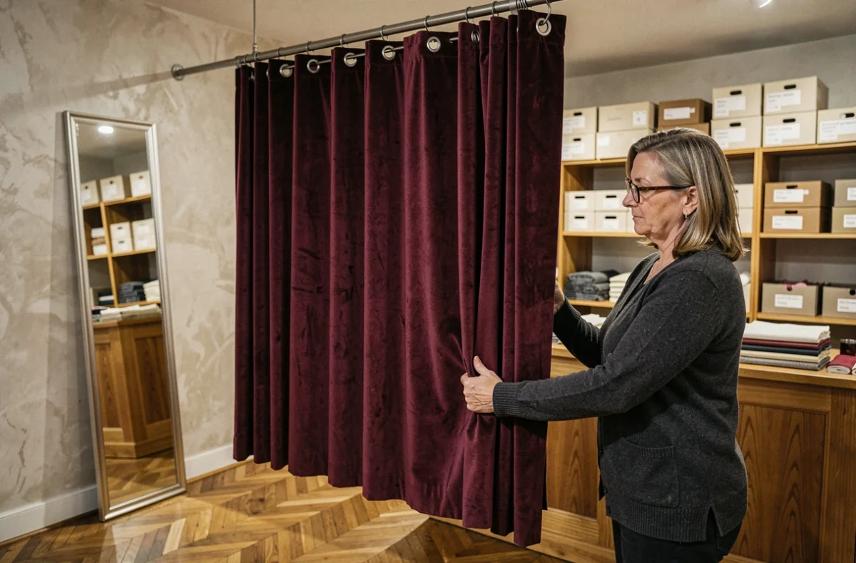 Responsable de retoucherie inspectant des rideaux en velours épais après retouche d'ourlet, boutique de retouche tissus linge de maison