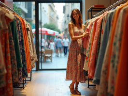 Les marques espagnoles à découvrir pendant les soldes en Espagne Jeune femme souriante dans une boutique espagnole mode été