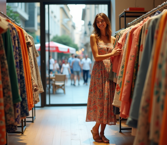 Les marques espagnoles à découvrir pendant les soldes en Espagne Jeune femme souriante dans une boutique espagnole mode été
