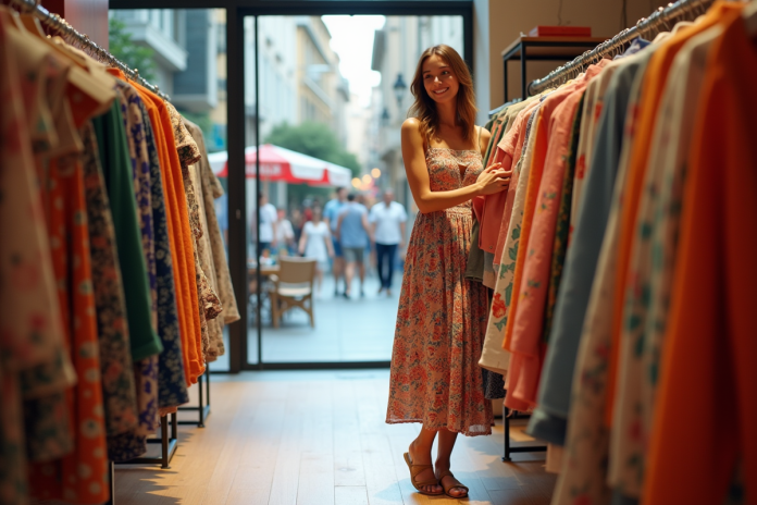 jeune-femme-boutique-vetements Jeune femme souriante dans une boutique espagnole mode été