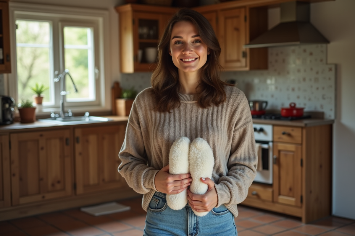 Jeune femme dans une cuisine rustique en train de mettre des chaussettes piloupilou