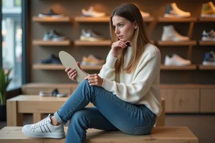 Jeune femme en magasin avec chaussure et insole visible