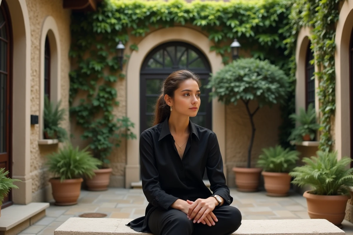 Jeune femme élégante dans une cour méditerranéenne