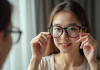 Jeune femme essayant deux paires de lunettes devant un miroir