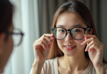Jeune femme essayant deux paires de lunettes devant un miroir