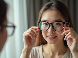 Jeune femme essayant deux paires de lunettes devant un miroir