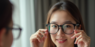 Jeune femme essayant deux paires de lunettes devant un miroir