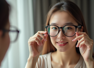 Lunettes de vue : faut-il qu’elles couvrent les sourcils pour une meilleure protection oculaire ? Jeune femme essayant deux paires de lunettes devant un miroir