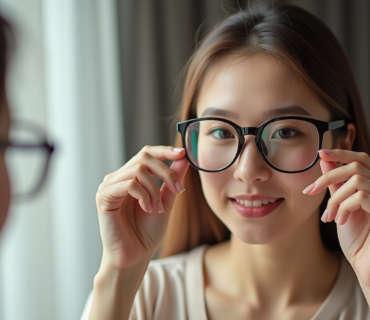 Jeune femme essayant deux paires de lunettes devant un miroir