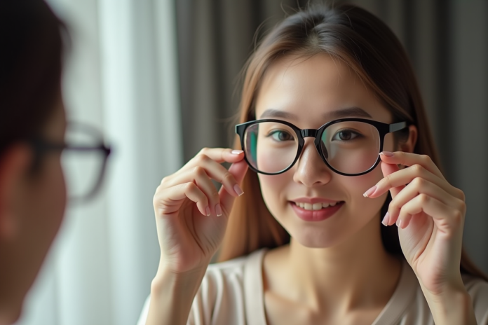 Jeune femme essayant deux paires de lunettes devant un miroir