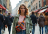 Jeune femme stylée portant un sac banane coloré dans une ville européenne