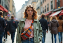 Jeune femme stylée portant un sac banane coloré dans une ville européenne