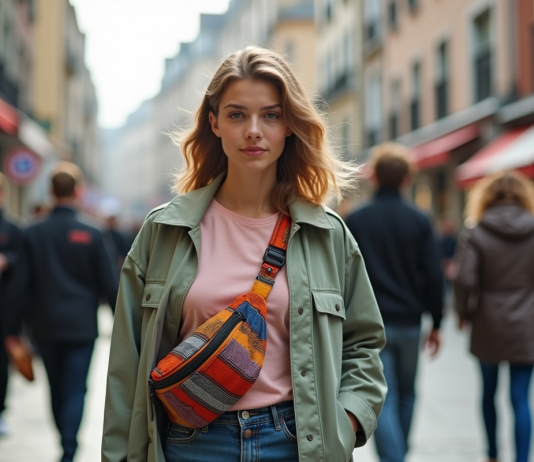 Jeune femme stylée portant un sac banane coloré dans une ville européenne