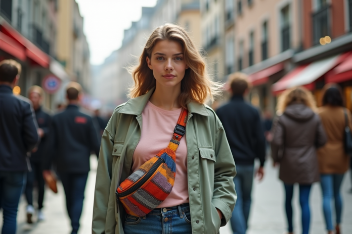 Jeune femme stylée portant un sac banane coloré dans une ville européenne