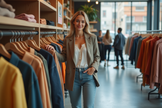 Jeune femme mode en boutique urbaine chic