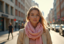 Jeune femme élégante marchant en ville avec foulard pastel