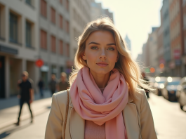 Jeune femme élégante marchant en ville avec foulard pastel