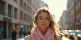 Jeune femme élégante marchant en ville avec foulard pastel