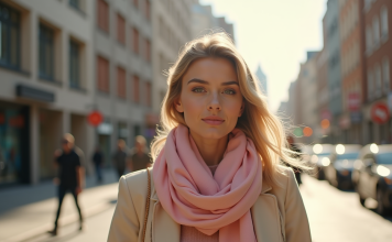 Mode : les foulards infinis, tendance intemporelle ou démodée ? Jeune femme élégante marchant en ville avec foulard pastel