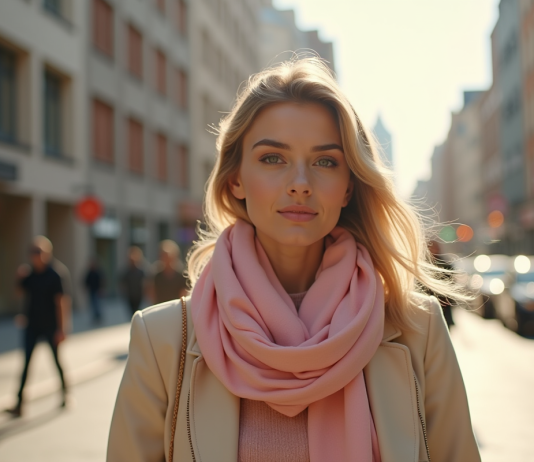 Mode : les foulards infinis, tendance intemporelle ou démodée ? Jeune femme élégante marchant en ville avec foulard pastel