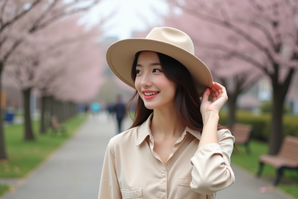 Jeune femme souriante avec chapeau pastel dans un parc printanier