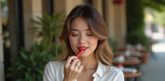 Maquillage : quelle couleur de rouge à lèvres illumine votre visage ? Jeune femme appliquant un rouge à lèvres rouge à Paris