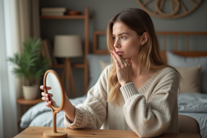Jeune femme se regardant dans un miroir dans une chambre cosy