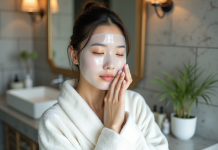 Jeune femme asiatique appliquant un masque facial dans sa salle de bain