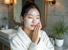 Jeune femme asiatique appliquant un masque facial dans sa salle de bain