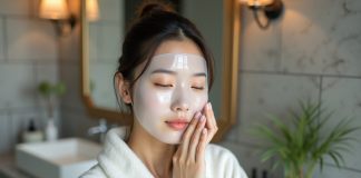 Jeune femme asiatique appliquant un masque facial dans sa salle de bain