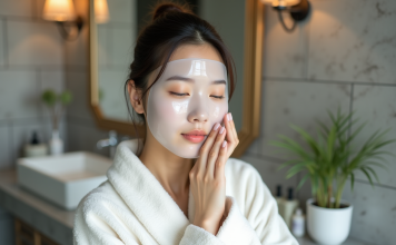 Jeune femme asiatique appliquant un masque facial dans sa salle de bain