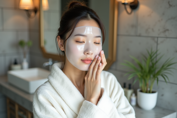 Jeune femme asiatique appliquant un masque facial dans sa salle de bain