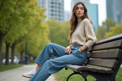 Femme jeune en jeans et pull dans un parc urbain