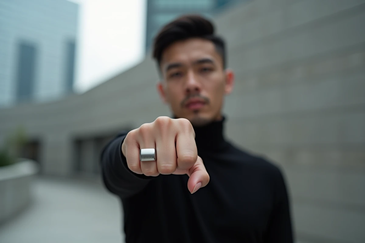 Jeune homme montrant une bague moderne en ville