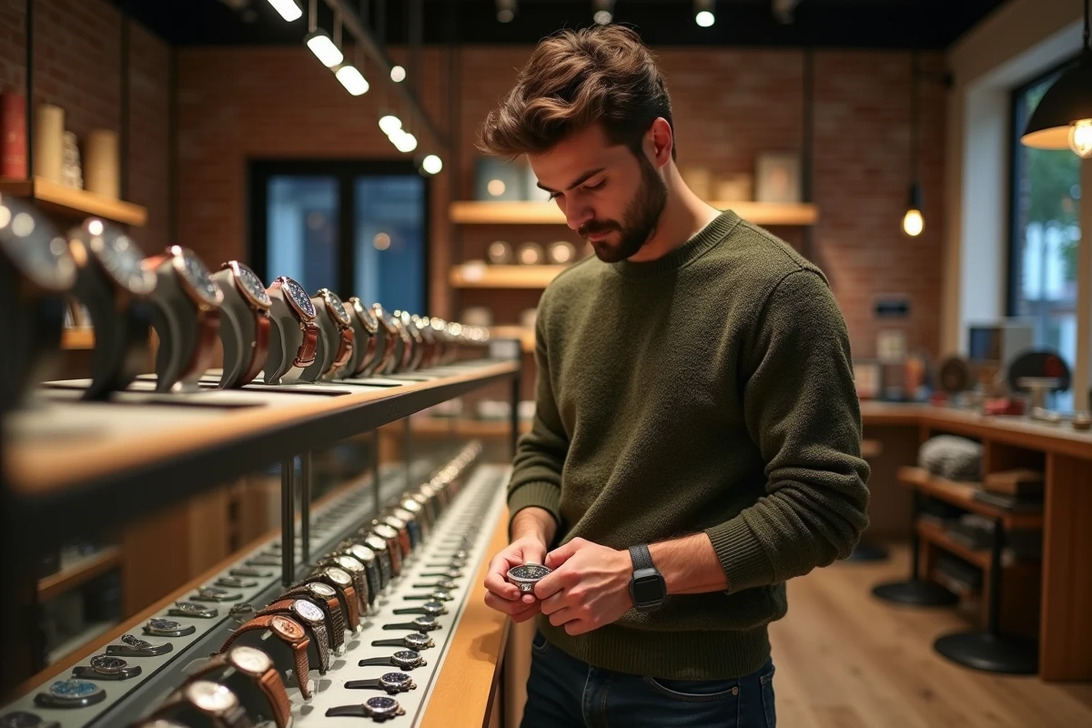 Jeune homme parcourant des montres dans une boutique urbaine